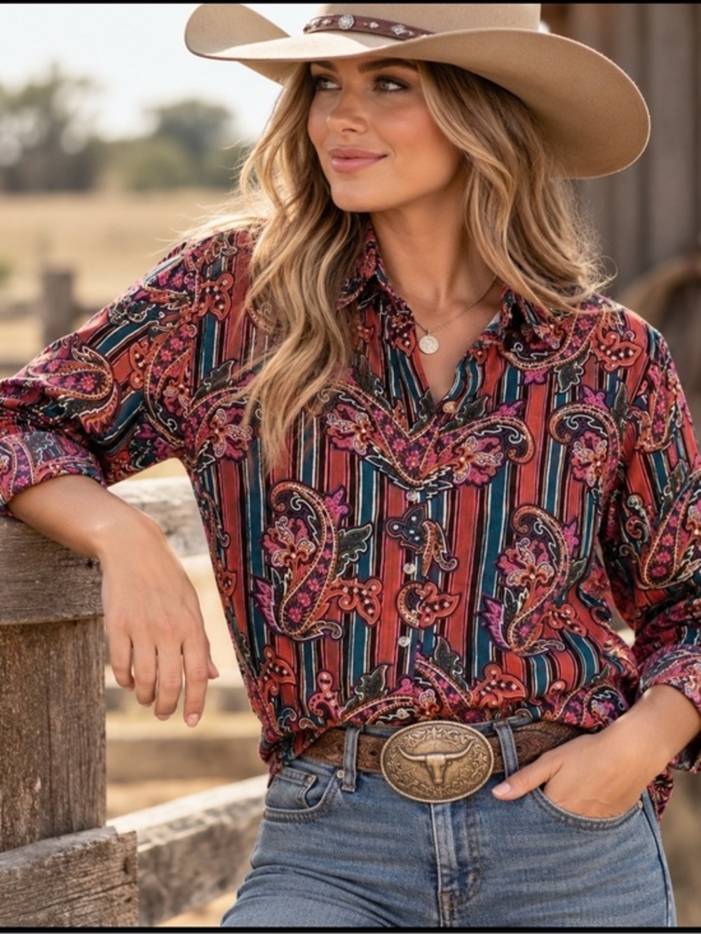 Vintage Roughrider Cowgirl Western Paisley Button Up Shirt Size L